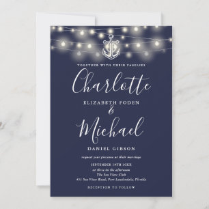Invitation Lumières de corde nautiques Monogramme Bleu marine