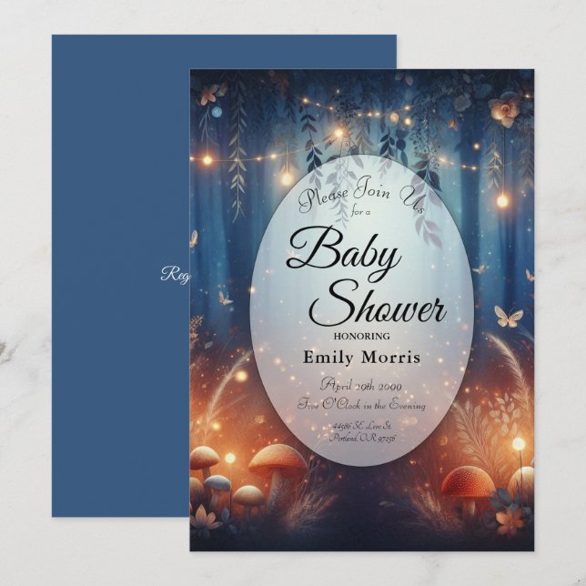 Invitation Lumières de fées dans un Baby shower forestier écl (Devant / Derrière)