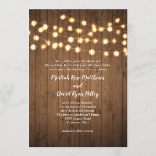 Invitation Lumières de fête rustiques en faux bois pour maria