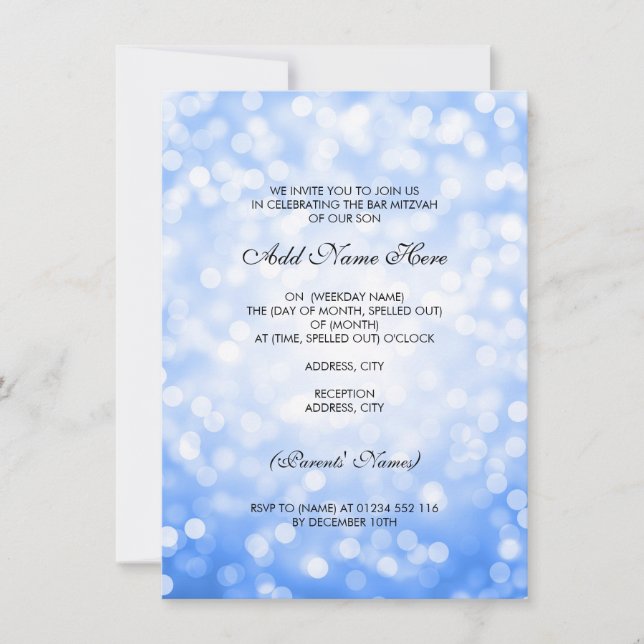 Invitation Lumières de la Parties scintillant Bleue Bar Mitzv (Devant)