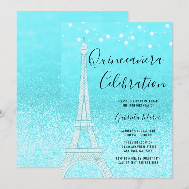 Invitation Lumières de la Parties scintillant bleue Turquoise (Devant / Derrière)