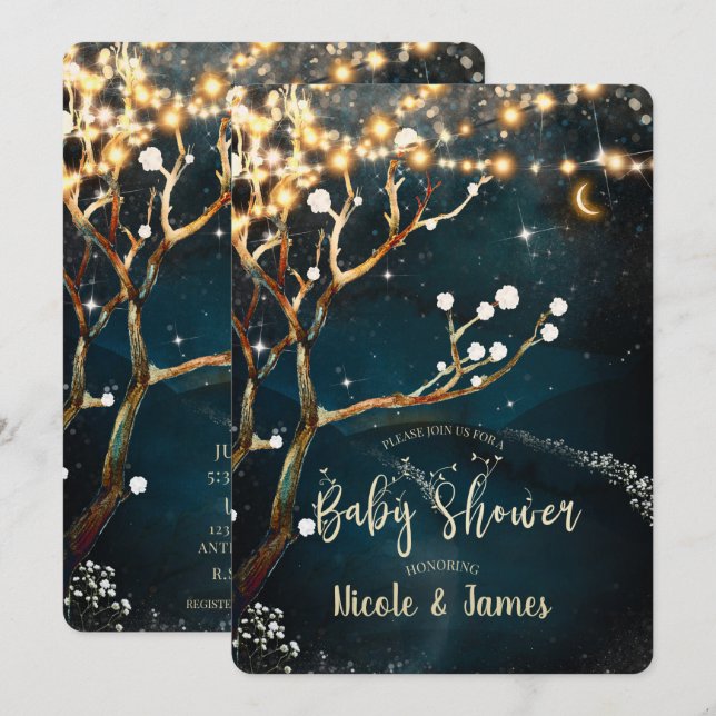 Invitation Lumières de l'arbre de soirée rustique Baby Shower (Devant / Derrière)