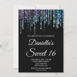 Invitation Lumières de Licorne Étincelantes Noir Sweet 16