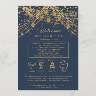 Invitation Lumières de mariage à ficelle dorée et bleue marin