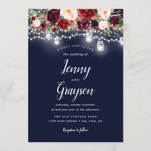 Invitation Lumières de mariage en pot Mason floral marine Bou