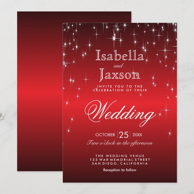 Invitation Lumières de mariage étoile scintillante rouge (Devant / Derrière)