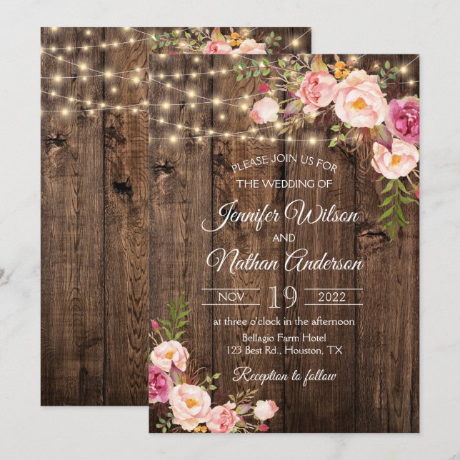 Invitation Lumières de mariage florales boho en bois rustique (Devant / Derrière)