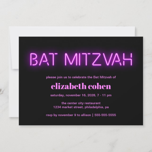 Invitation Lumières de néon rose bat mitzvah (Devant)