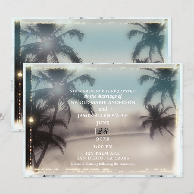 Invitation Lumières de palmiers mariage plage tropicale vinta (Devant / Derrière)