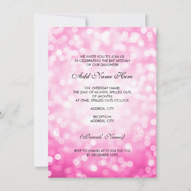 Invitation Lumières de Parties scintillant rose bat mitzvah (Devant)