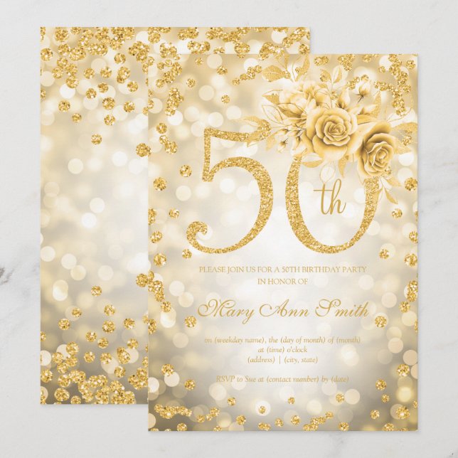 Invitation Lumières dorées Floral 50e anniversaire (Devant / Derrière)