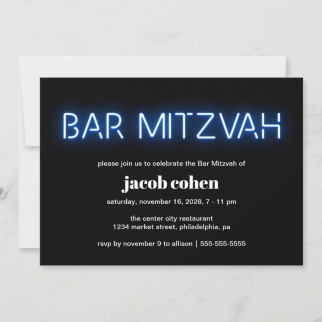 Invitation Lumières du néon bleu Bar Mitzvah (Devant)