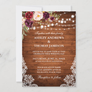 Invitation Lumières en bois Mariage rustique Dentelle Bourgog
