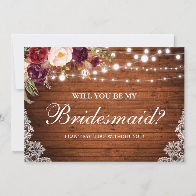 Invitation Lumières en bois Mariage rustique Dentelle Florale (Devant)