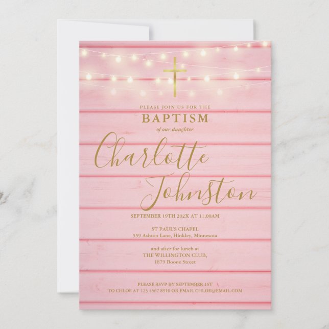 Invitation Lumières en bois rose Script Baptême Christening (Devant)