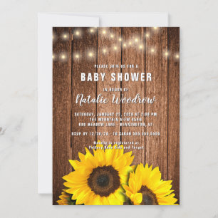 Invitation Lumières en bois rustique Baby Shower Tournesol
