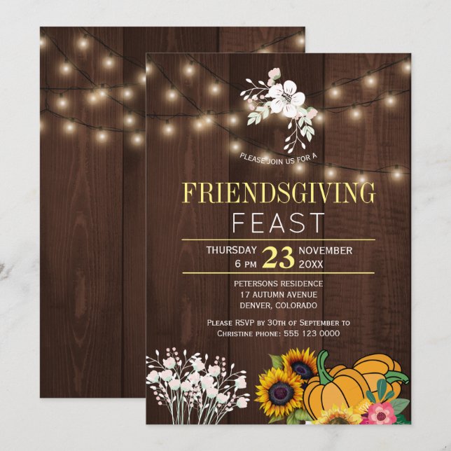 Invitation Lumières en bois rustique Floral citrouille (Devant / Derrière)