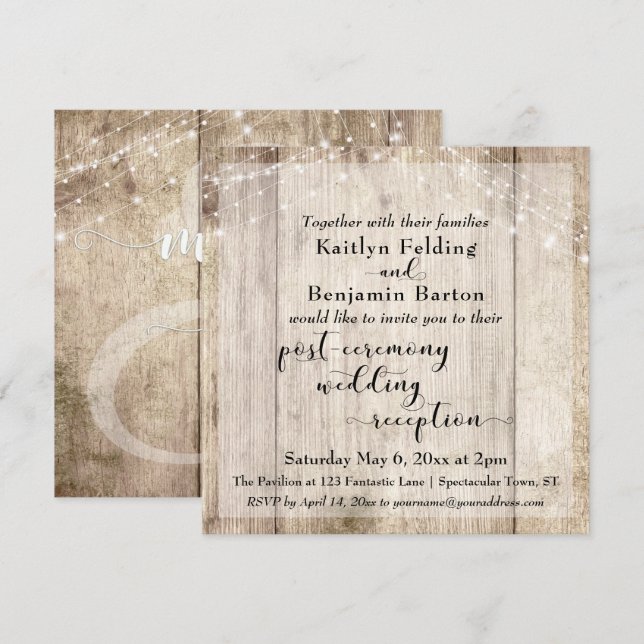 Invitation Lumières en bois rustique pour réception de mariag (Devant / Derrière)