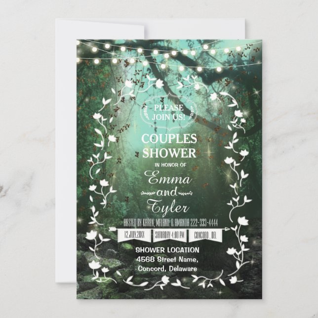 Invitation Lumières Enchantées Forêt Rustique Couples Douche (Devant)