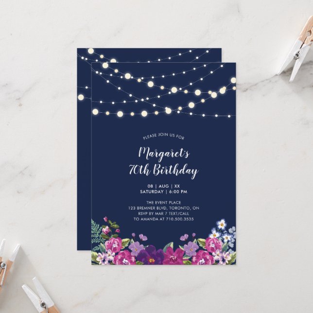 Invitation Lumières et marine Blue Floral Adulte fête d'anniv (Devant/Arrière en situation)
