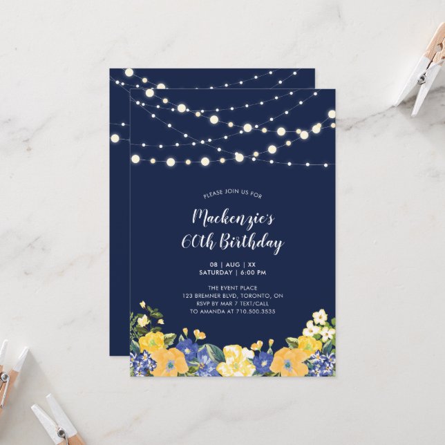 Invitation Lumières et marine Blue Floral Adulte fête d'anniv (Devant/Arrière en situation)