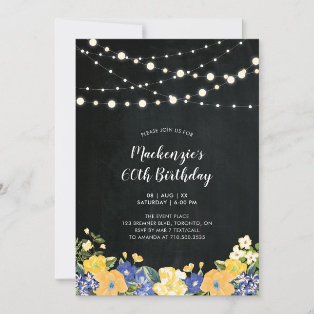 Invitation Lumières et tableau noir Floral Adulte fête d'anni (Devant)