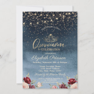Invitation Lumières, Fleurs bordeaux Bleu marine Quinceañera