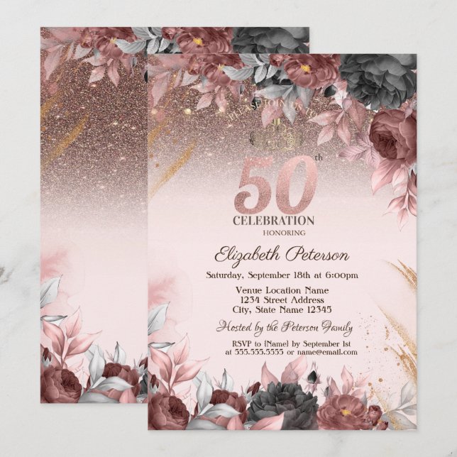 Invitation Lumières, Fleurs Chic Parties scintillant 50e anni (Devant / Derrière)