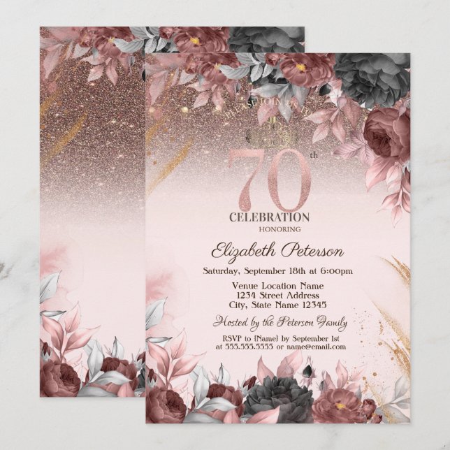Invitation Lumières, Fleurs Chic Parties scintillant 70e anni (Devant / Derrière)