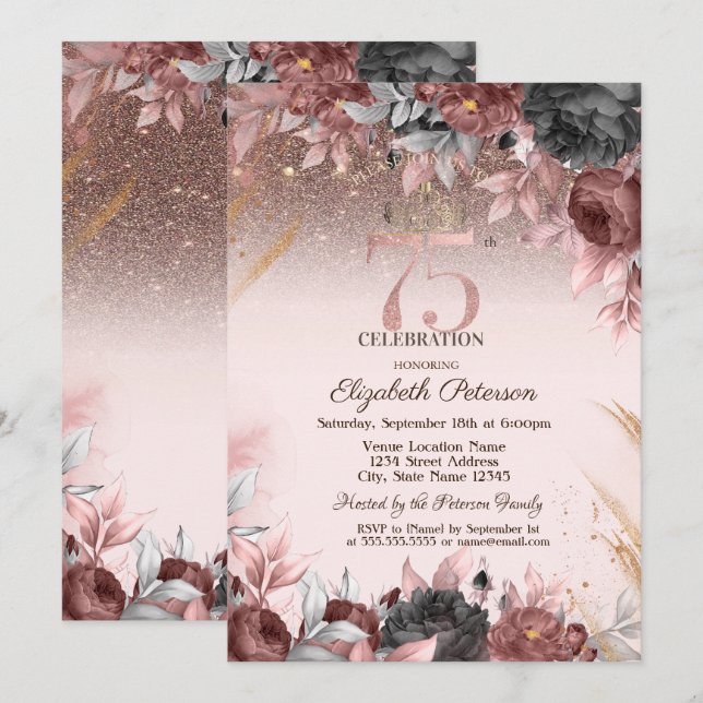 Invitation Lumières, Fleurs Chic Parties scintillant 75e anni (Devant / Derrière)
