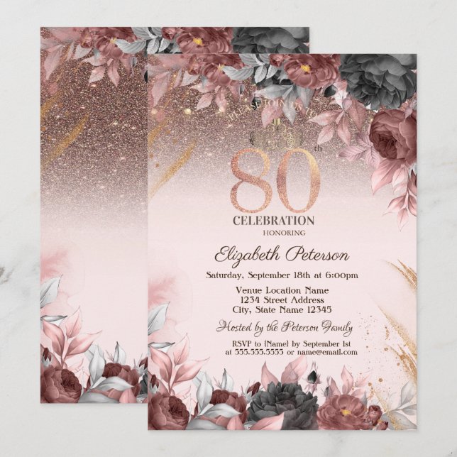 Invitation Lumières, Fleurs Chic Parties scintillant 80e anni (Devant / Derrière)