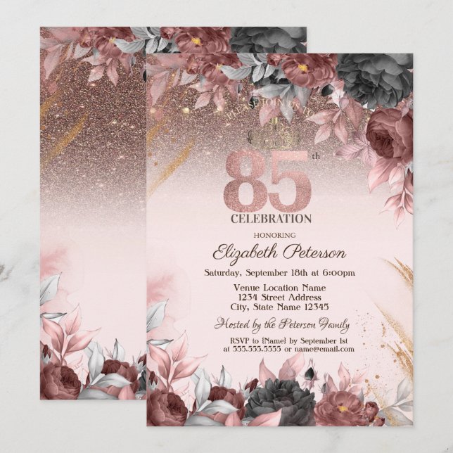 Invitation Lumières, Fleurs Chic Parties scintillant 85e anni (Devant / Derrière)