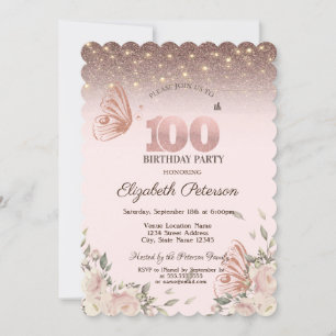 Invitation Lumières, Fleurs Paillettes Papillons 100e Anniver