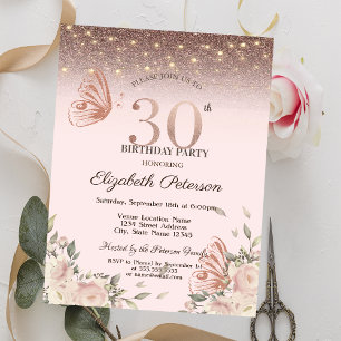 Invitation Lumières, Fleurs Paillettes Papillons 30e Annivers