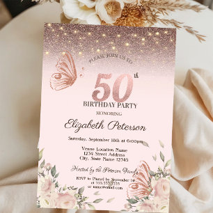 Invitation Lumières, Fleurs Paillettes Papillons 50e Annivers