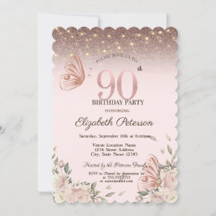Invitation Lumières, Fleurs Paillettes Papillons 90e Annivers