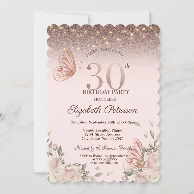 Invitation Lumières, Fleurs Parties scintillant Papillons 30e (Devant)