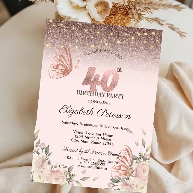Invitation Lumières, Fleurs Parties scintillant Papillons 40e (Créateur téléchargé)