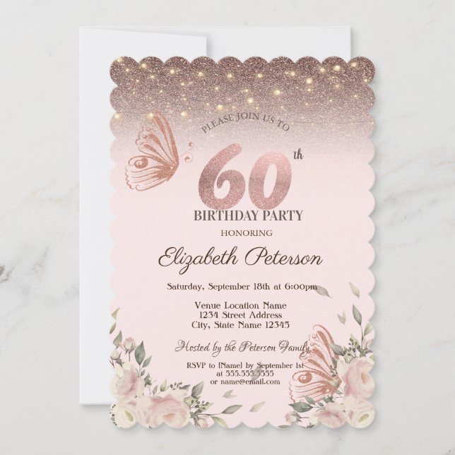 Invitation Lumières, Fleurs Parties scintillant Papillons 60e (Devant)