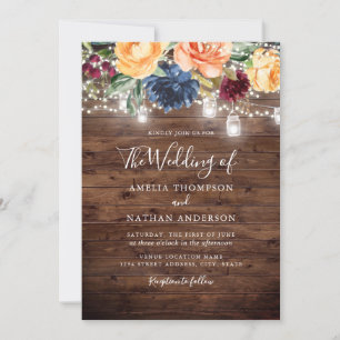 Invitation Lumières Florales de Couleur Bois Rustique Mariage