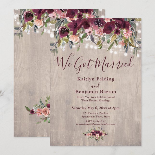 Invitation Lumières Florales en Bois Mariage Réception unique (Devant / Derrière)