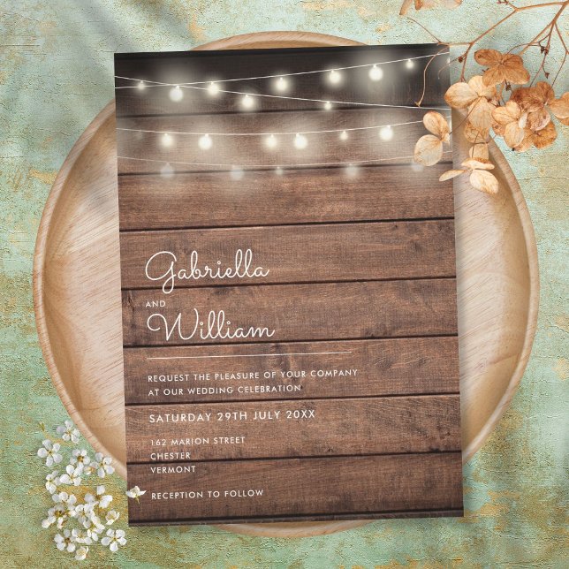 Invitation Lumières Guinguette Mariage Bois Rustique (Créateur téléchargé)