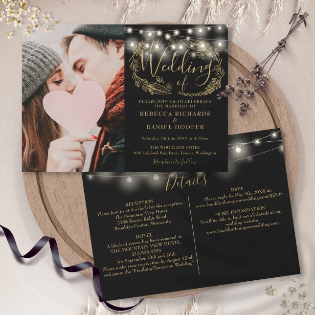 Invitation Lumières Guirlande Feuillage Doré Photo Détails Ma (String Lights Gold Foliage Photo Wedding Details Invitation)