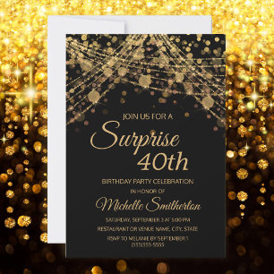 Invitation Lumières Guirlande Or Noir Surprise 40e Anniversai
