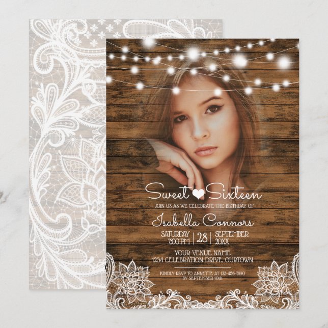 Invitation Lumières Guirlandes Bois et Dentelle Fête Sweet 16 (Devant / Derrière)