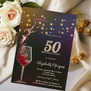 Invitation Lumières Guirlandes Vin Rouge Fête 50 Ans