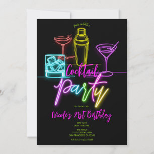 Invitation Lumières Néon Colorées Cocktails 21e Anniversaire