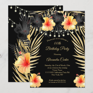 Invitation Lumières Noir Or jaune Hibiscus Tropicale Fête