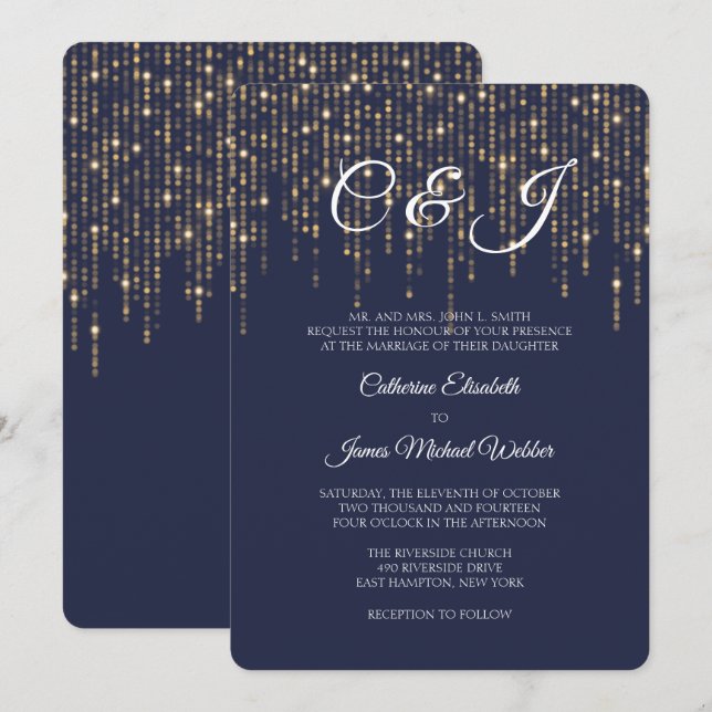 Invitation Lumières Or, Bleu Minuit, Mariage Élégant (Devant / Derrière)