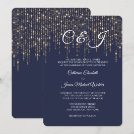 Invitation Lumières Or, Bleu Minuit, Mariage Élégant